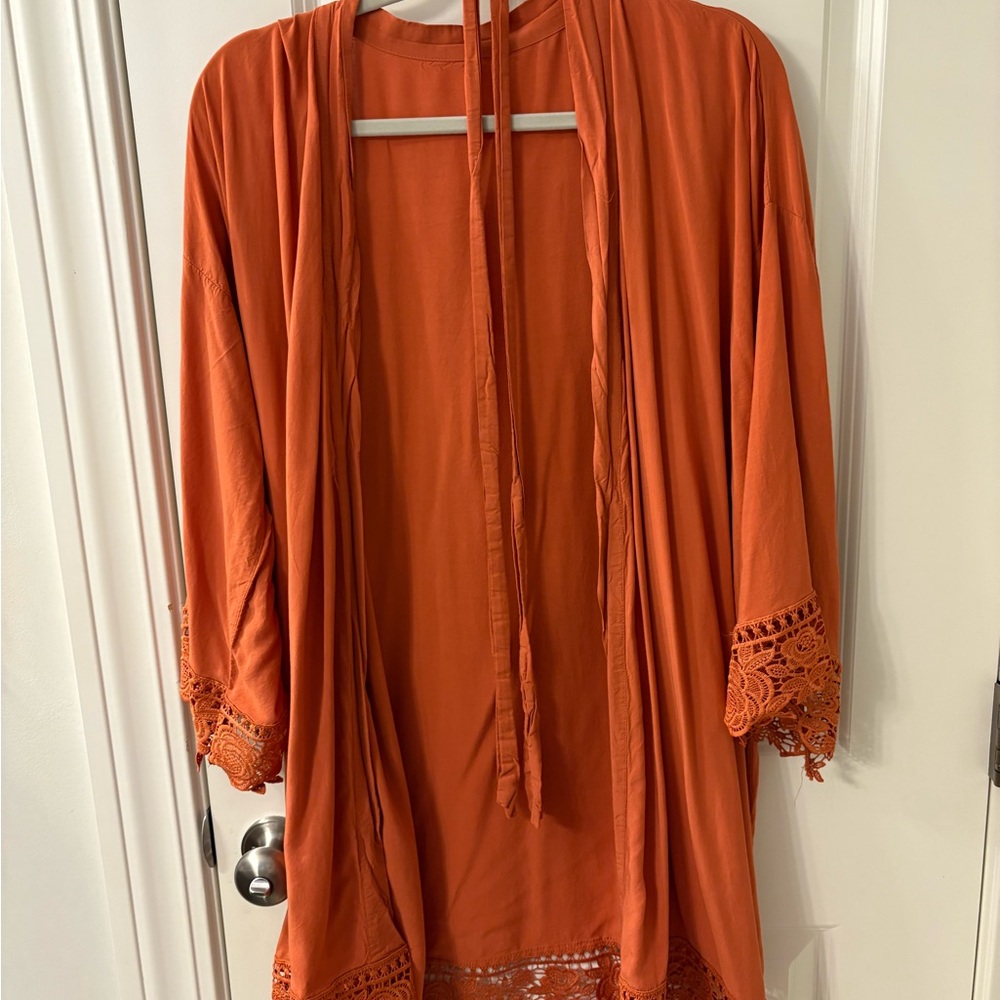Orange Kimono with Lace Trim